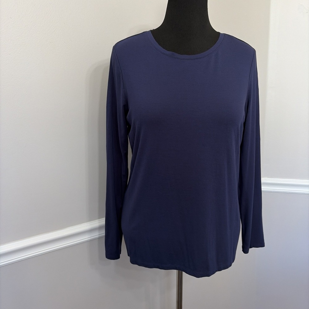 Chico's Top Women's Size 2 L Blue Rayon Blend Knit Long Sleeve Pullover Tee